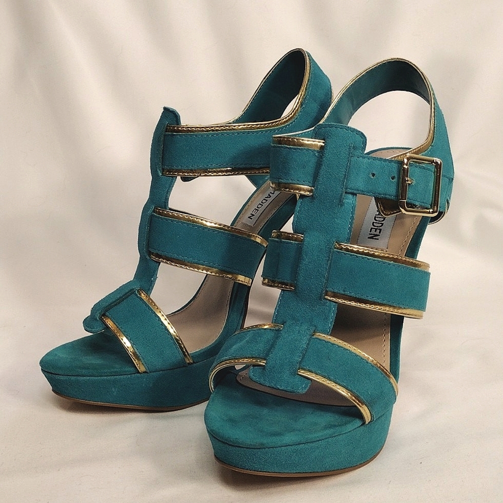 Steve Madden Teal Multi Strap Tessyy Size 7 stiletto 5 inch platform heel gold